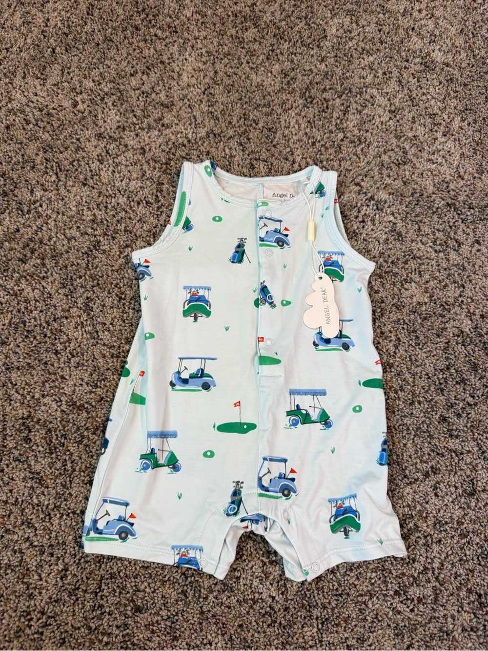 NWT Angel Dear Baby Blue Golf Carts Print Sleeveless Shortie Romper — Size 3/6 M